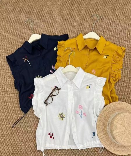 25 Summer style design sense niche embroidered flower sleeveless shirt cotton and linen small man thin top women loose and thin lining