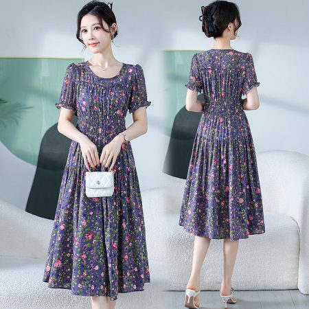 Foreign floral dress women's summer 2025 new Korean version slim fit fashionable elegant round neck medium and long skirt